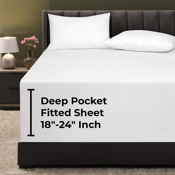 Royale Linens Extra Deep Pocket Twin Fitted Sheet Only - Twin Size Deep Pocket White Fitted Sheet - Fits 18 inch to 24 inch Thick Mattress - Soft & Breathable Elastic Sheets (39x75 Inches, White)