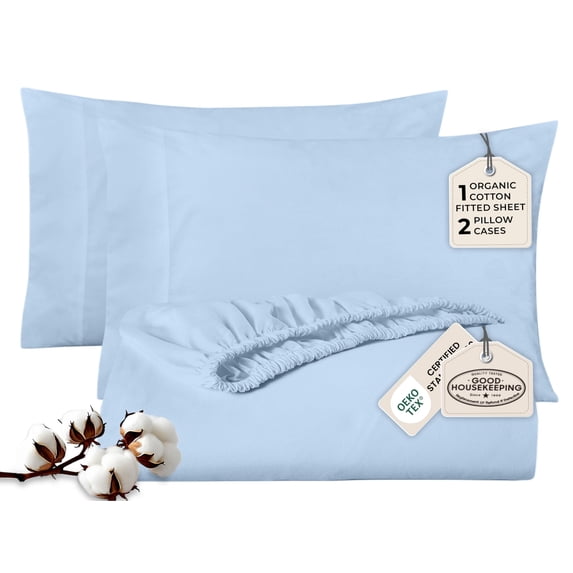Royale Linens Fitted Sheet With Pillowcase Twin XL Fitted Sheets With 1 Pillowcase 300 Thread Count 100% Organic Cotton Fit Mattress Up to 18 Deep - Soft & Breathable -Lake Blue (No Flat Sheet)