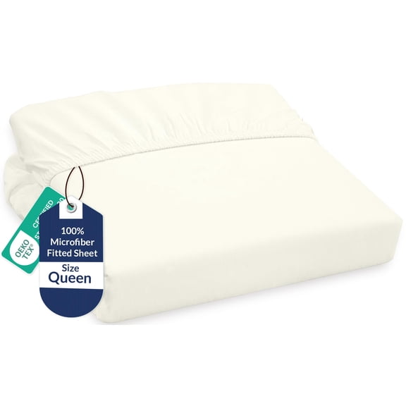 Royale Linens Fitted Sheet Queen - Brushed Hotel Quality 1800 Ultra-Soft Wrinkle & Fade Resistant - Bottom Sheet - Deep Pocket Stretches Up to 16" - Fitted Sheet Only - Elastic Sheet (Queen, Ivory)