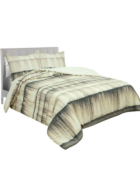 Royale Linens Ultra-Soft Stria Stripe Global Microfiber King Comforter Set and Sham Pair, Off-White