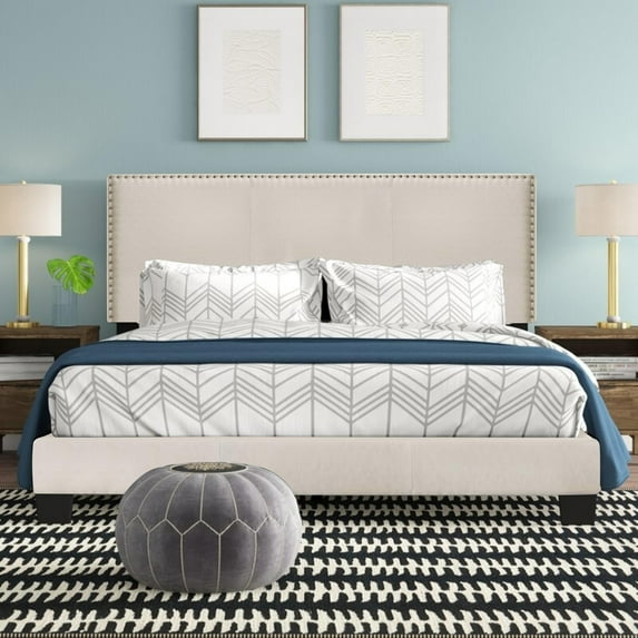 Royale Upholstered Platform Bed with Nail Trim Headboard, King
