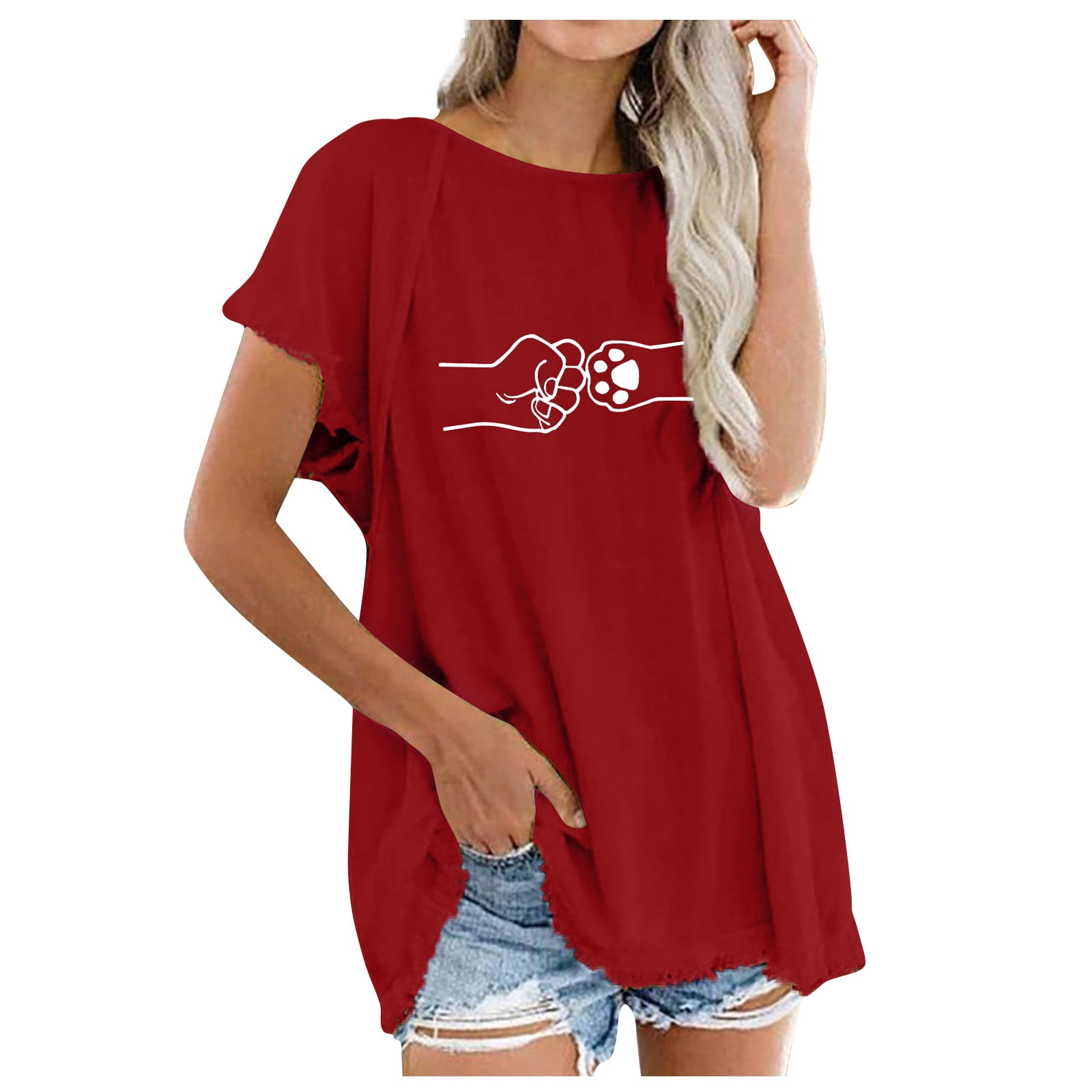 Royallove Fashion Women's Round Neck Short Sleeve Fringe Lace Funny