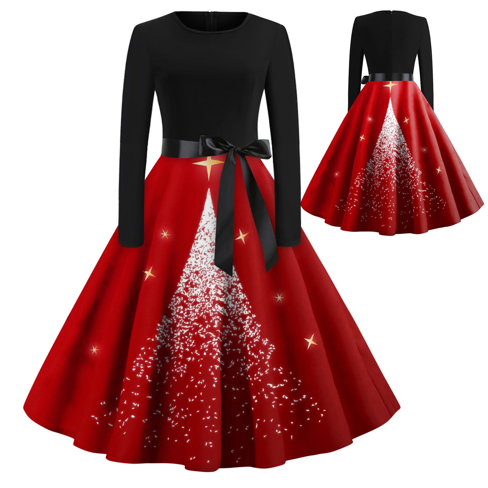 Royallove Women Christmas Print Flare Dress Long Sleeve ONeck Dress