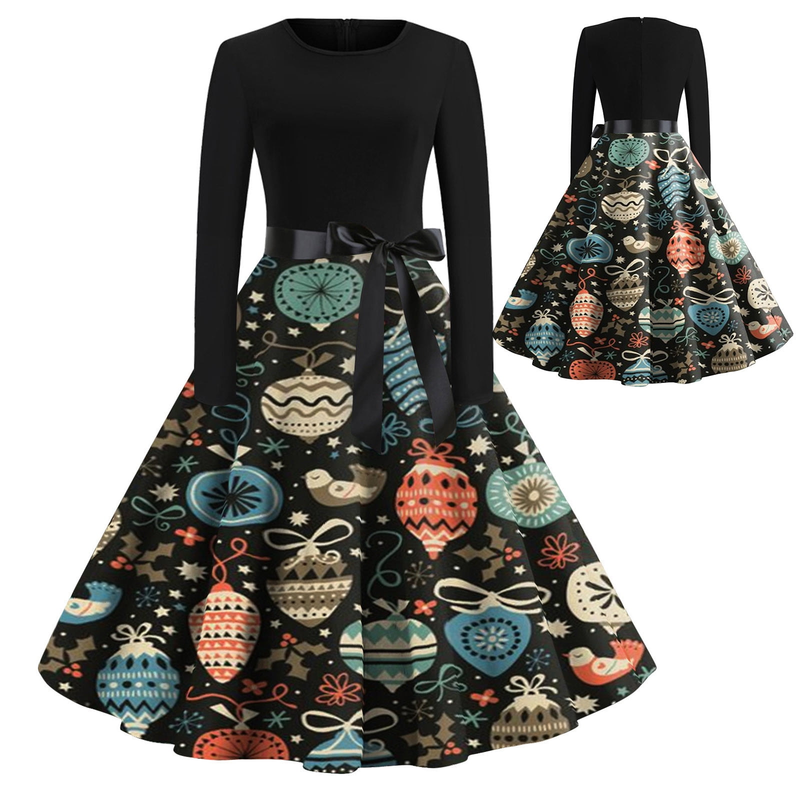 Royallove Women Christmas Print Flare Dress Long Sleeve ONeck Dress