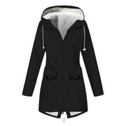 Royallove Women Plush Solid Stripe Rain Jacket Outdoor Plus Waterproof Hooded Raincoat Windproof