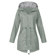Royallove Women Solid Stripe Rain Jacket Outdoor Plus Medium And Long Waterproof Hooded Raincoat Windproof