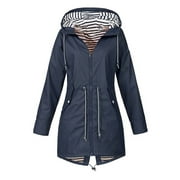 Royallove Women Solid Stripe Rain Jacket Outdoor Plus Waterproof Hooded Raincoat Windproof