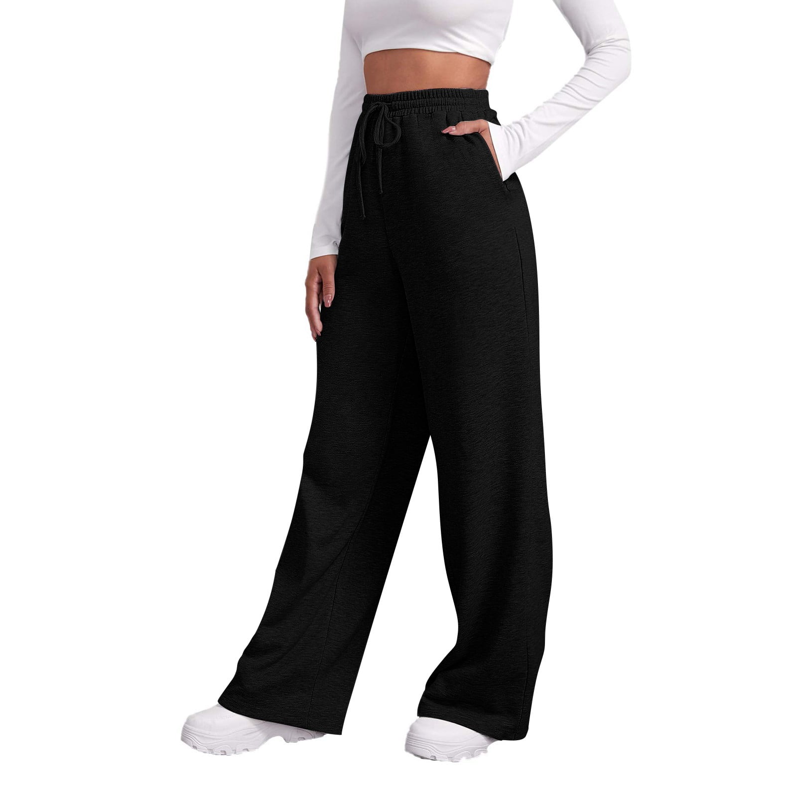 Gcvizuso Womens Black Sweatpants Women's Solid Cotton Linen Sweatpants  Lightweight Wide Leg Pant High Elastic Waist Joggers Loose Workout Trouser  Plus Size Khaki Pants for Women
