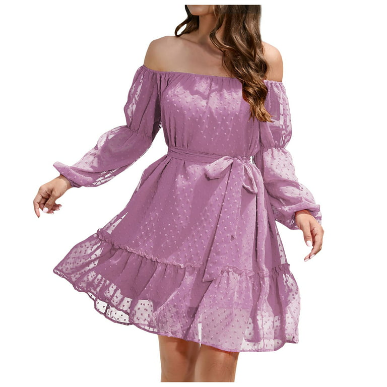 Womens Lace-up Dresses Square Neck Long Puff Sleeve Ruffle Elastic Waist  Princess Dress Casual Mini Dress Purple XL 