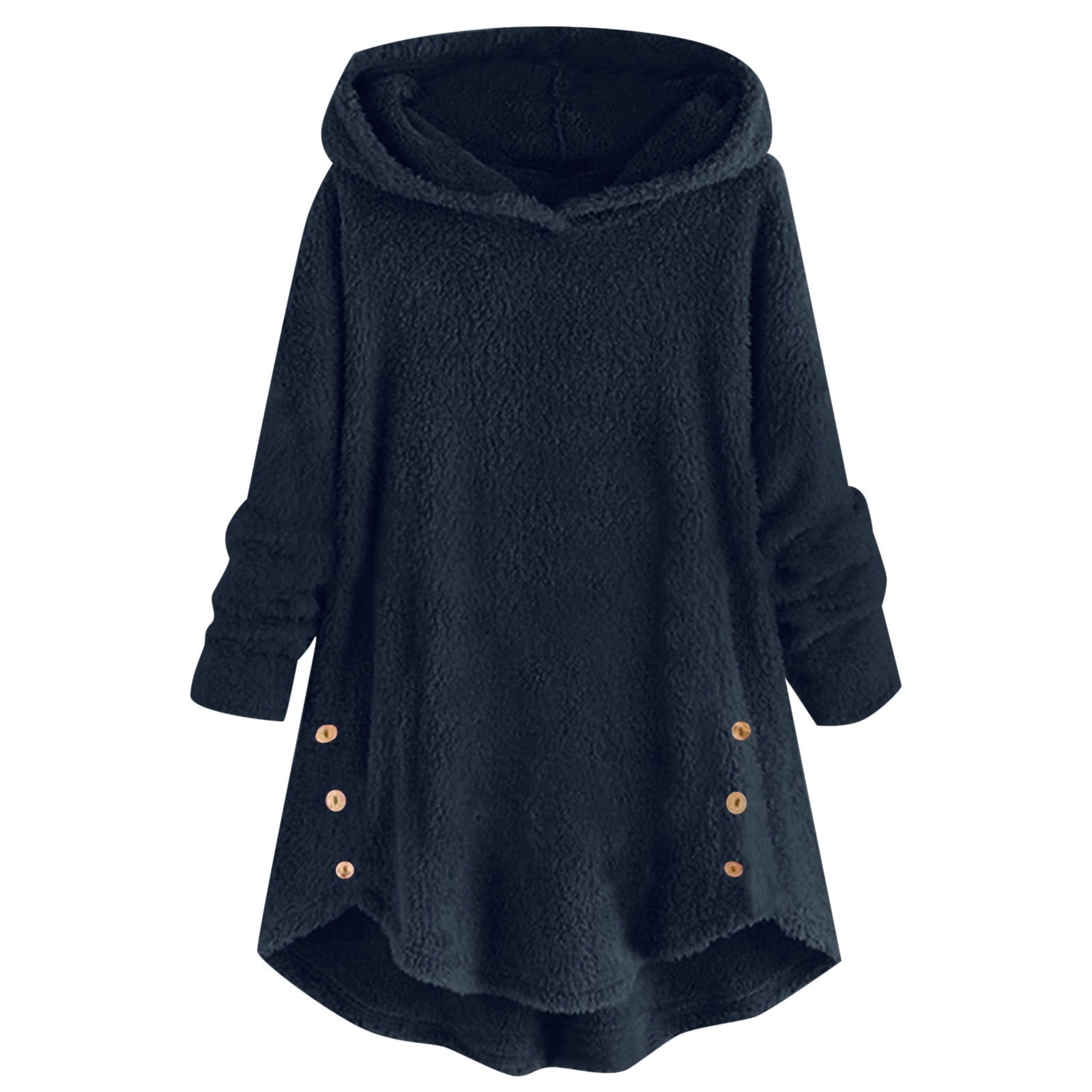 Royallove Womens Loose Ruffle Hem With Plush Solid Button Casual Hooded ...