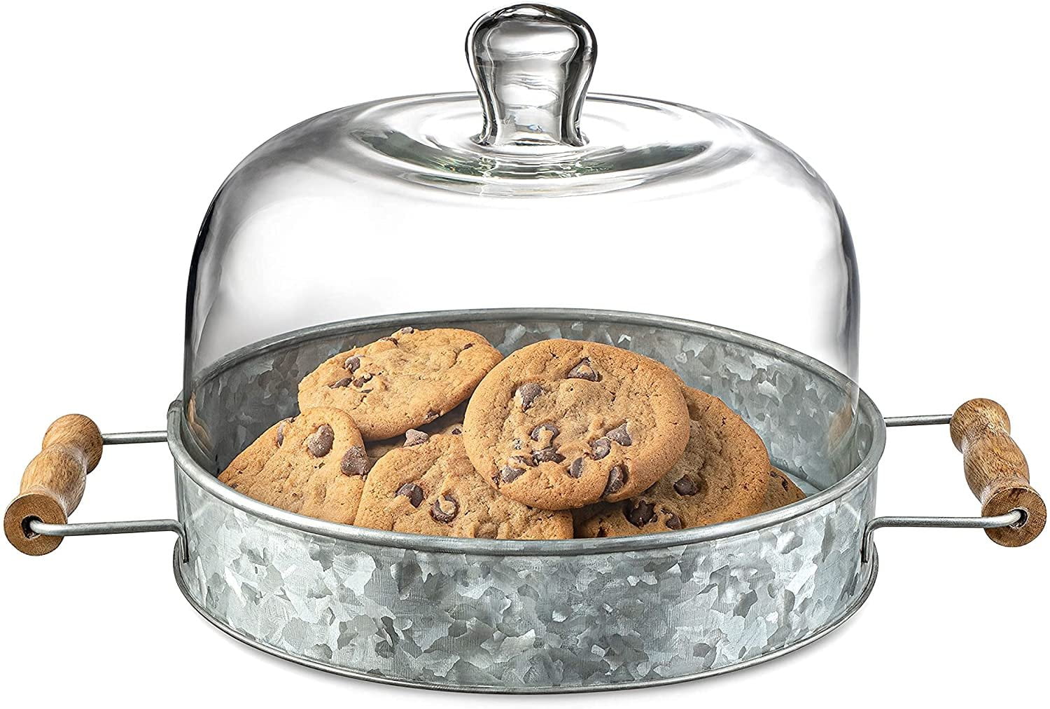 Royalty Art Farmhouse Cake Plate with Glass Dome, Rustic Kitchen and Dining Room Platter with Carry Handles, Galvanized Steel Base, Decorative Home Decor for Cupcakes and Pastries