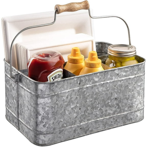 Royalty Art Farmhouse Kitchen Caddy Organizer with Handle for Condiments, Cleaning Products, and Party Supplies, Rustic Galvanized Steel, 13 x 8 1/4