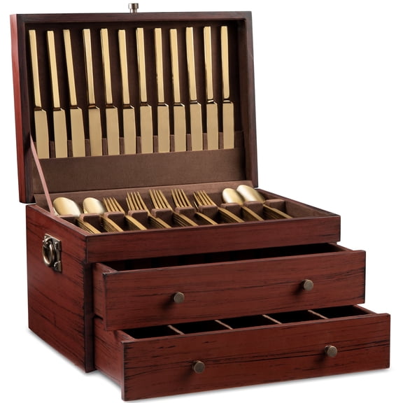 Royalty Art Wood Fine Silverware Storage Box with Pull Out Drawer Large Premium Flatware Chest for Forks Knives Spoons and Serving Pieces Tarnish-Resistant Felt Lined