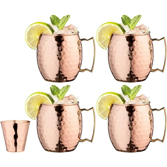 Royalty Art Moscow Mule Mugs, with shot glass, copper mugs 4-Pack Handles Classic Drinking Cup Set Home, Kitchen, Bar Drinkware Helps Keep Drinks Colder, Longer Food-Grade Safe Lining 100% Copper