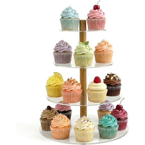 Royalty Art Round 4-Tier Cupcake Stand Clear Acrylic Bamboo Dessert Tower 15.7 Inch for Cupcakes Donuts Desserts Weddings Birthdays and Parties Gift Box Included
