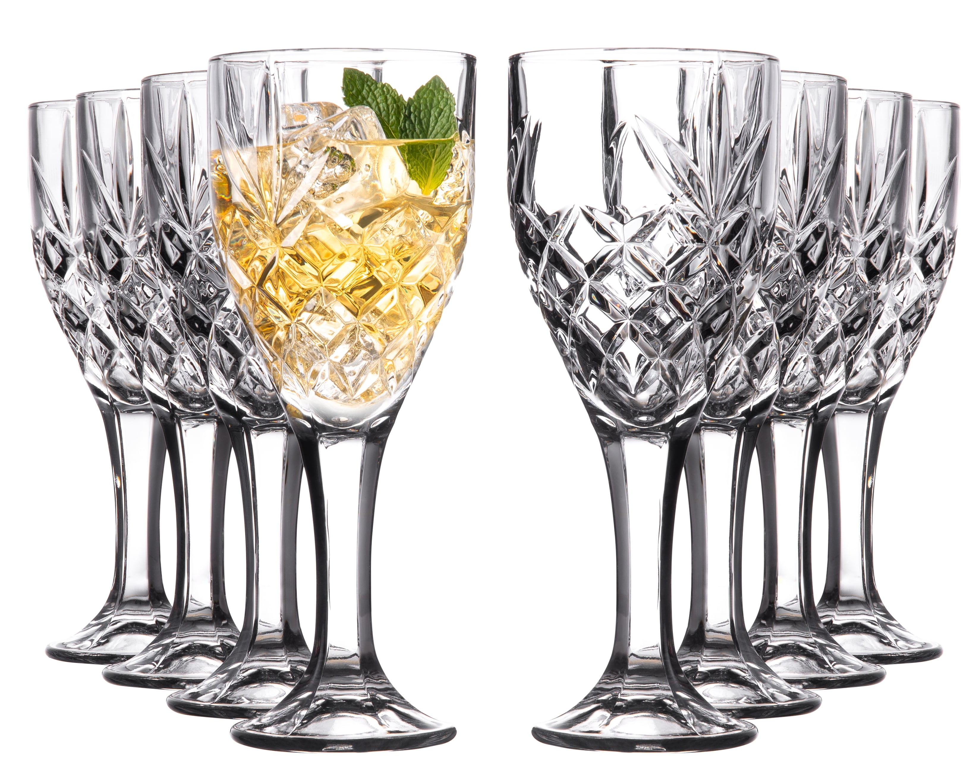 Royalty Art Vintage Highball Goblet Glassware Set of 8 Elegant Clear Drinking Glasses for Water Beer Cocktails and Iced Drinks Dishwasher Safe Gift Ready