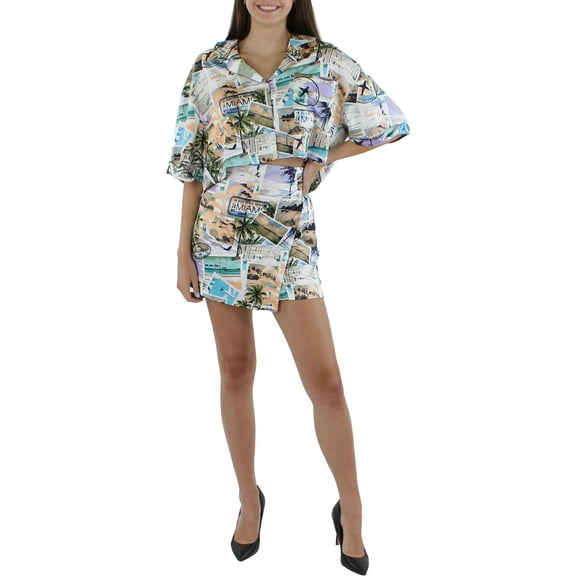 Royalty By Maluma Womens Printed Button-Down Cropped Shirt Hawaiian Print XL