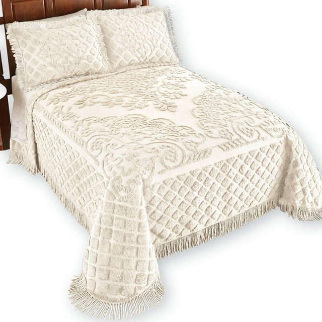 Royalty Elegant Scroll and Checkered Pattern Chenille Bedspread with