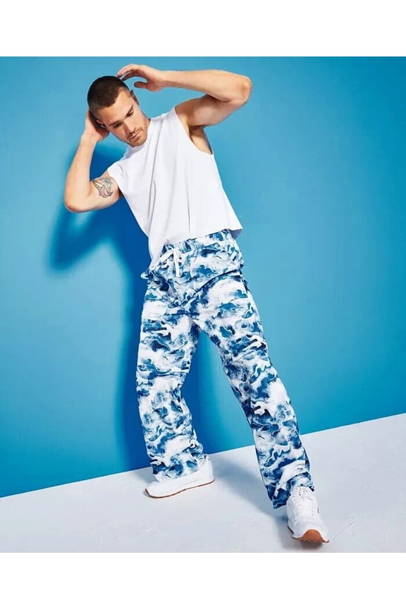 Royalty Maluma Men's Relaxed-Fit Wave-Print Convertible Utility Pants Blue Camo