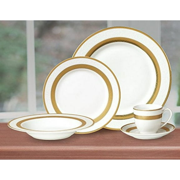 Royalty Porcelain "Queen" 5-Piece White and Gold Dinnerware Set, 24K Gold-Plated Fine Porcelain, Service for 1