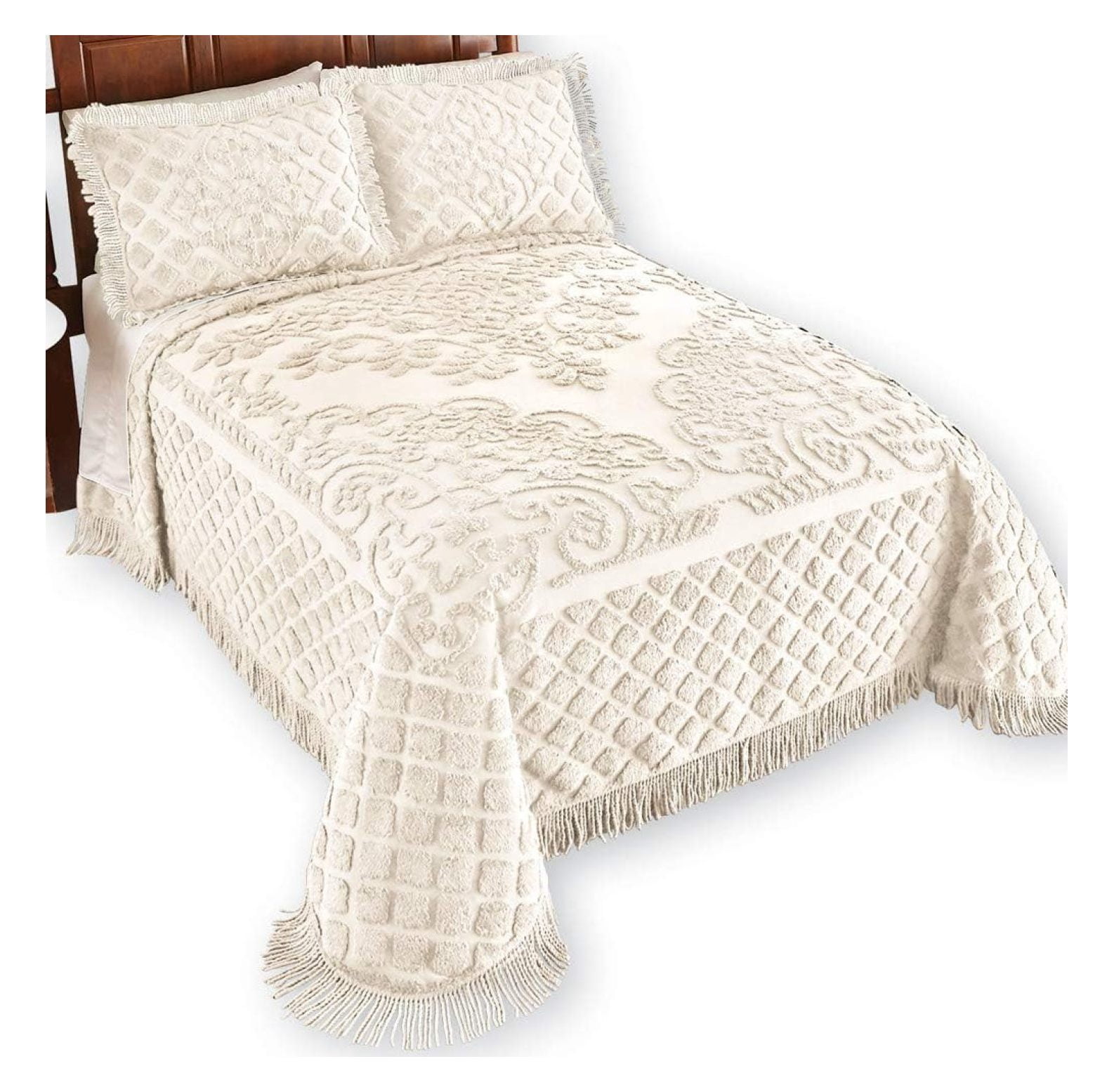 Royalty Scroll and Checkered Pattern Chenille Bedspread with Fringe Border, Ivory, Queen