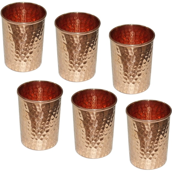 RoyaltyRoute Set for 6 Pure Copper Drinkware Hammered Tumbler Water Glass Tableware Drinking Accessories