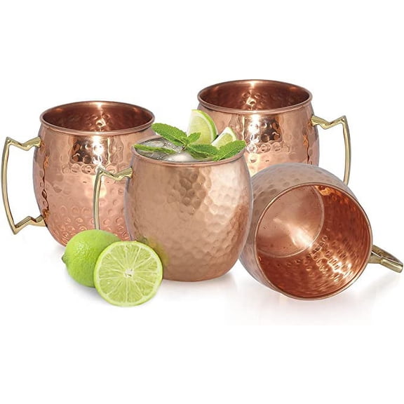 RoyaltyRoute Set of 4 Pure Copper Hammered Barrel Mug Cocktail Drinkware for Moscow Mules 550 ML