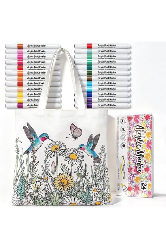 Color Your Own Canvas Tote Bag for Adults, DIY Painting Kit with 24 Markers, Fun DIY Craft Set for Women & Family