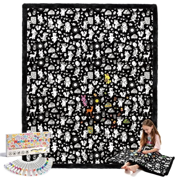 Royamoon Washable Coloring Blanket with 20 Markers,40x60 inch Cozy Doodle Mat,Diy Crafts Home Decor Gift for Kids & Adults (Animals)