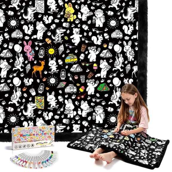 Royamoon Washable Coloring Blanket with 20 Markers,40x60 inch Cozy Doodle Mat,Diy Crafts Home Decor Gift for Kids & Adults (Animals)