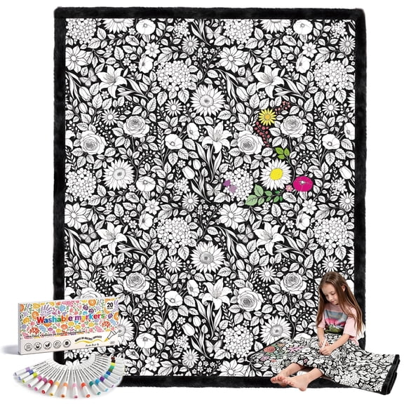 Royamoon Washable Coloring Blanket with 20 Markers,40x60 inch Cozy Doodle Mat, Diy Crafts Home Decor Gift for Kids & Adults (Flower)