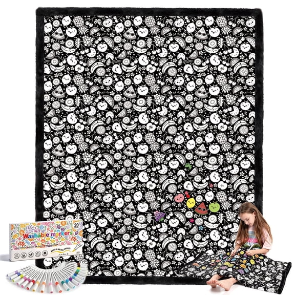 Royamoon Fruits Washable Coloring Blanket with 20 Markers, Cozy Doodle Mat,Diy Crafts Home Decor Gift for Kids & Adults, 40''x60''