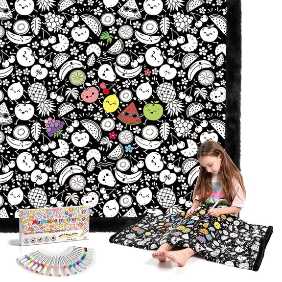 Royamoon Washable Coloring Blanket with 20 Markers,40x60 inch Cozy Doodle Mat,DIY Crafts Home Decor Gift for Kids & Adults (Fruit)