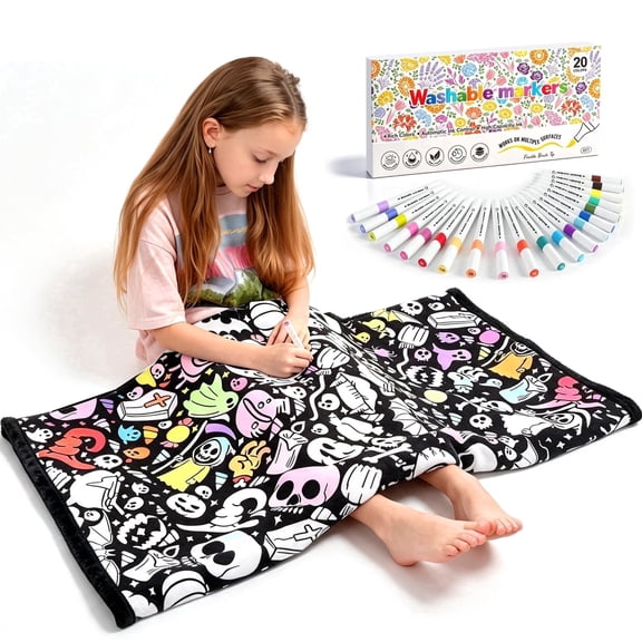 Royamoon Washable Coloring Blanket with 20 Markers,40x60 inch Cozy Doodle Mat,Diy Crafts Home Decor Gift for Kids & Adults (Halloween)