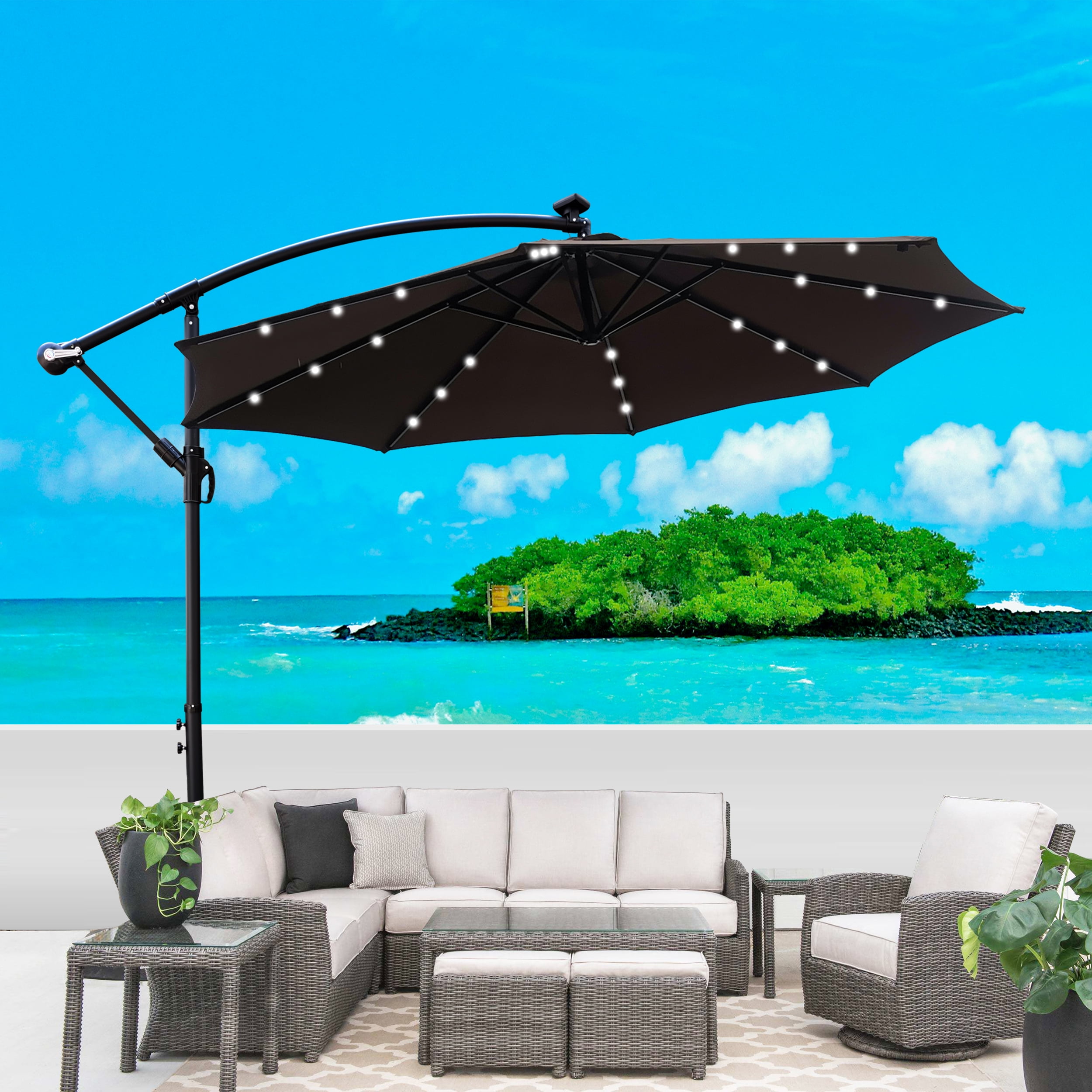 Royard Oaktree 10FT Patio Offset Umbrella w/Solar LED Lights Outdoor Cantilever Hanging Umbrella w/Crank & Cross Base UV Protection Sun Shade for Market Garden Lawn Deck Backyard Pool, Chocolate