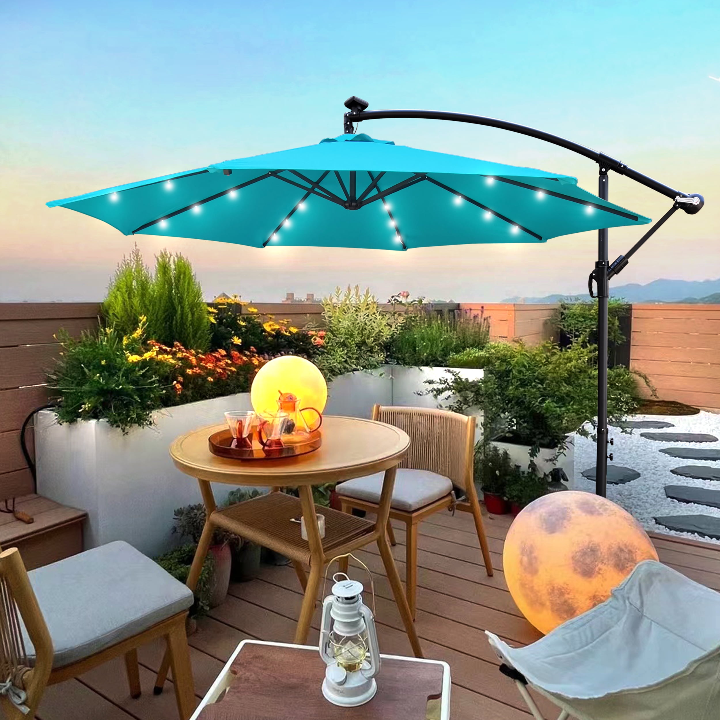 Royard Oaktree 10FT Patio Offset Umbrella w/Solar LED Lights Outdoor Cantilever Hanging Umbrella w/Crank & Cross Base UV Protection Sun Shade for Market Garden Lawn Deck Backyard Pool,Turquoise