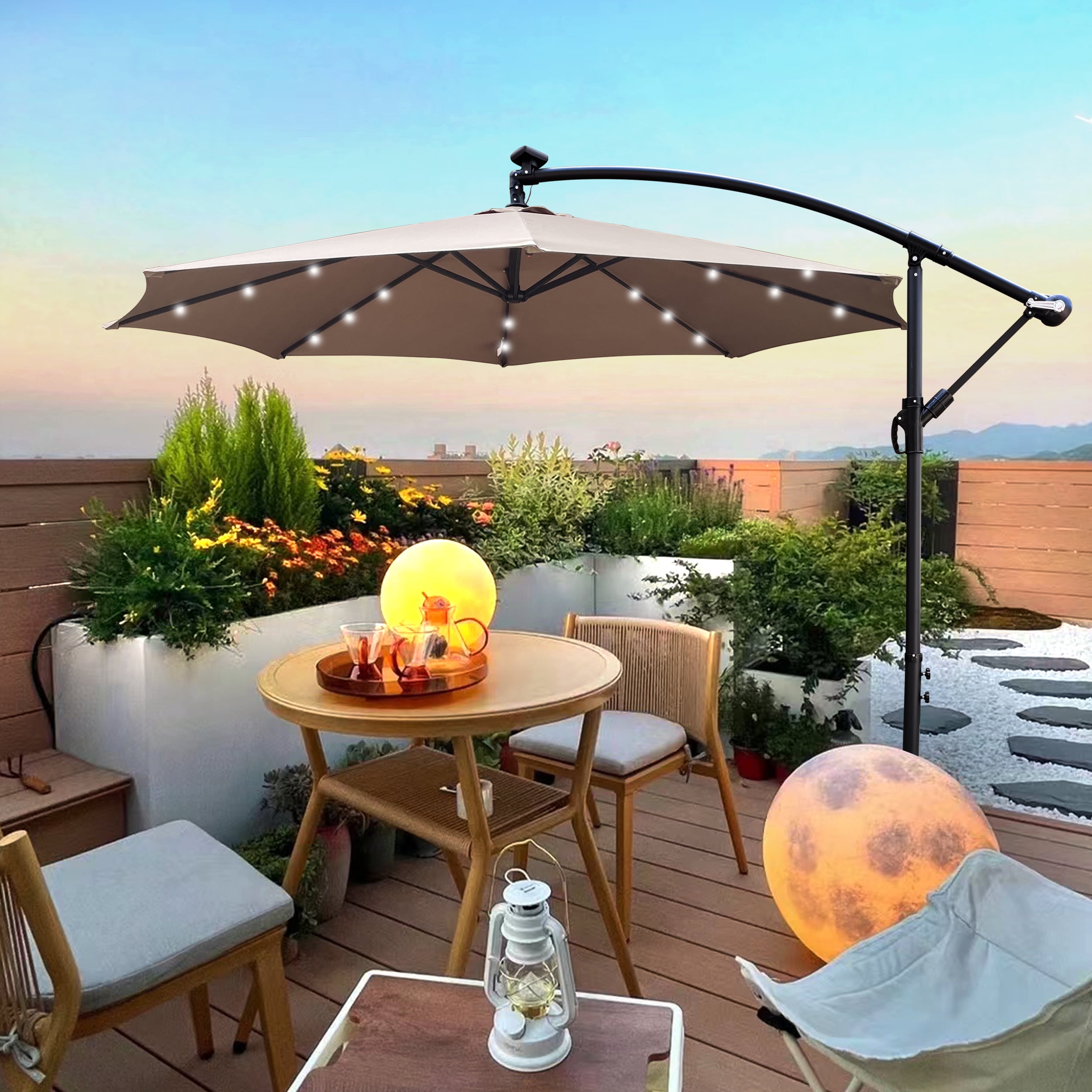 Royard Oaktree 10FT Patio Offset Umbrella w/Solar LED Lights Outdoor Cantilever Hanging Umbrella w/Crank & Cross Base UV Protection Sun Shade for Market Garden Lawn Deck Backyard Pool,Mushroom