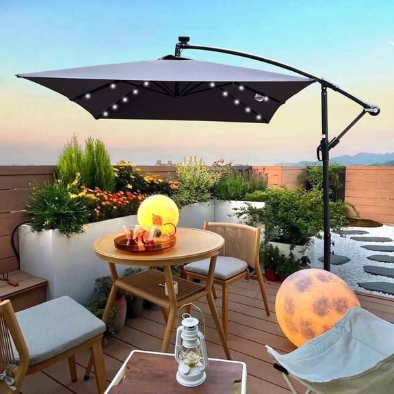 Royard Oaktree 10x6.5 ft Solar LED Offset Hanging Patio Umbrella, Rectangle Market Umbrellas with Crank and Cross Base, Outdoor UV Protection Sun Shade for Garden Lawn Backyard Poolside, Anthracite