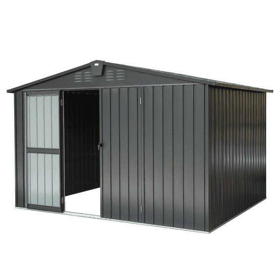 Royard Oaktree 10x8 FT Metal Storage Shed, All-weather Galvanized Steel Tool Shed with Lockable Double Doors and Air Vents, Heavy-duty Outdoor Storage Shed for Patio, Garden, Backyard, Lawn, Black