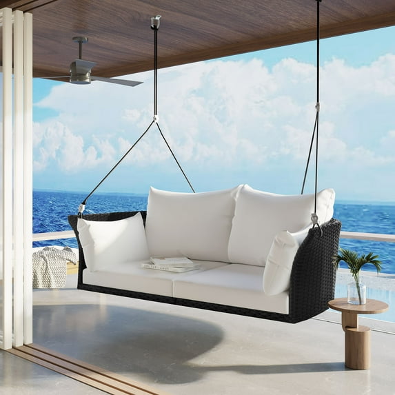 Royard Oaktree 2-Person Wicker Porch Swing Patio Hanging Swing Chair with Adjustable Ropes Outdoor Rattan Swing Bench with Cushions for Backyard Garden,White
