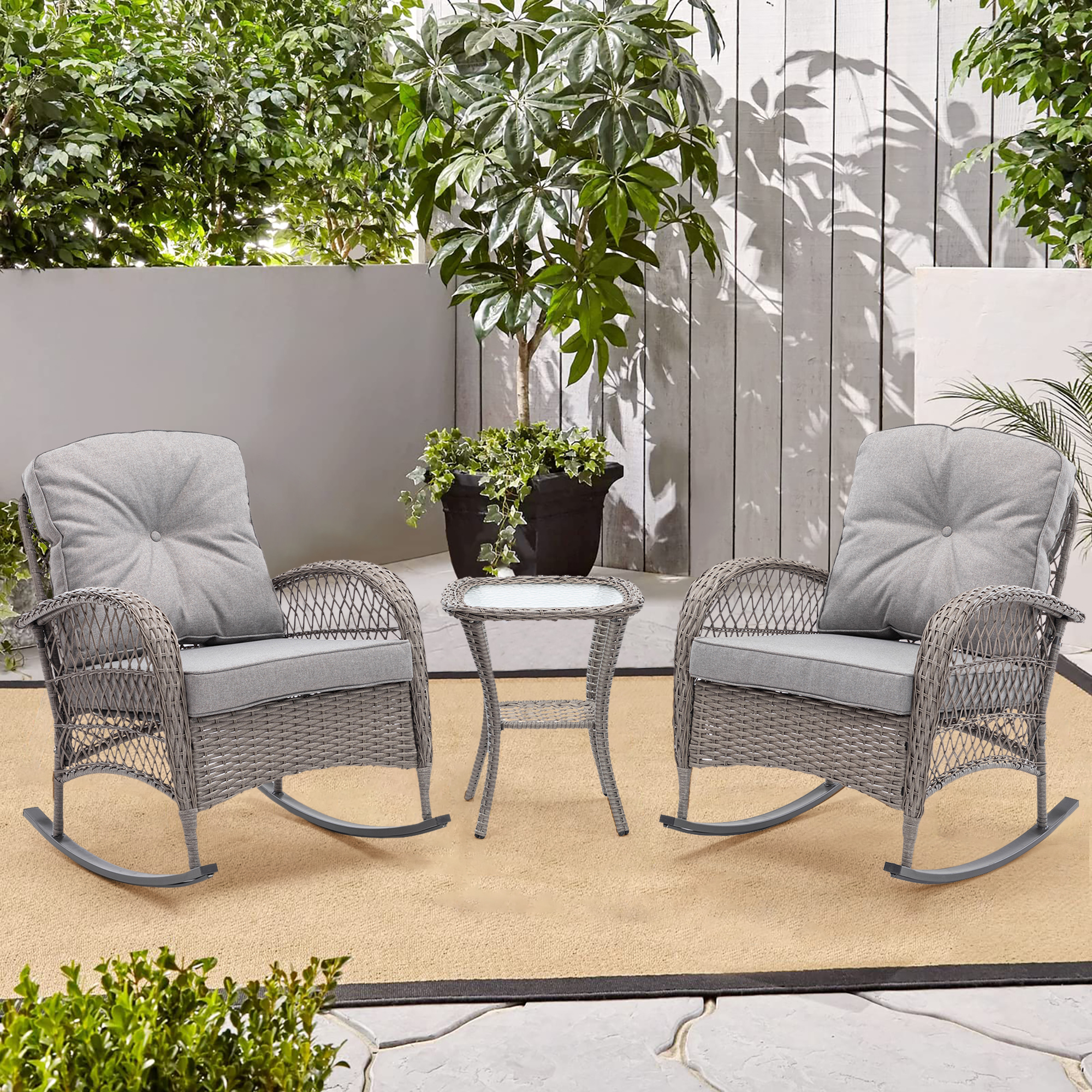 Royard Oaktree 3-Piece Patio Rocking Chair Outdoor Rattan Bistro Furniture Conversation Set with 2 Wicker Armchair and Glass Table for Porch Lawn Garden Backyard,Grey - image 1 of 7