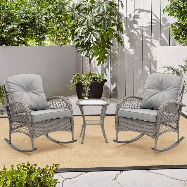 Royard Oaktree 3-Piece Patio Rocking Chair Outdoor Rattan Bistro Furniture Conversation Set with 2 Wicker Armchair and Glass Table for Porch Lawn Garden Backyard,Grey