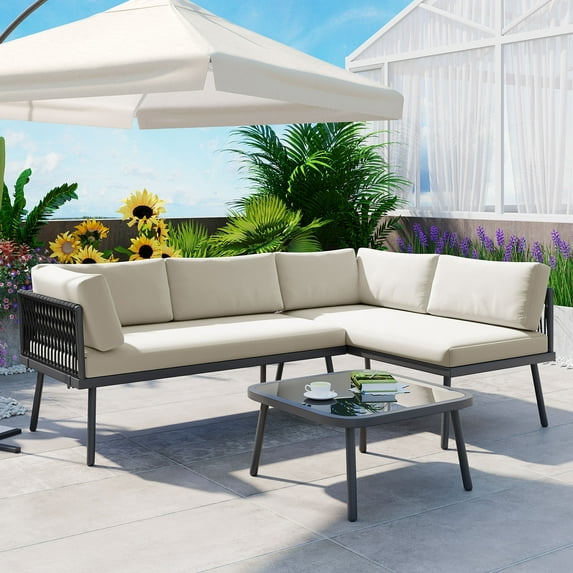 Royard Oaktree 3 Pieces Patio Furniture Set, Outdoor Rattan Woven Conversation Sectional Sofa with Cushion and Glass Side Table, L-shaped Couch Sofa with Metal Legs for Backyard, Porch, Black+Beige