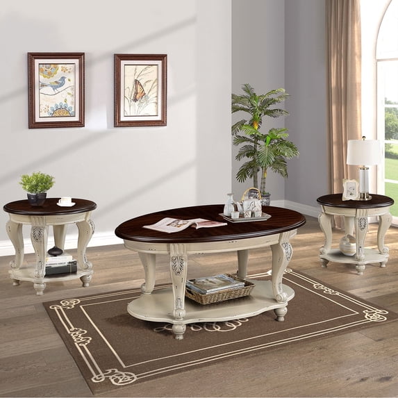 Royard Oaktree 3-piece Vintage Living Room Table Set, Oval Coffee Table & Two Round End Tables