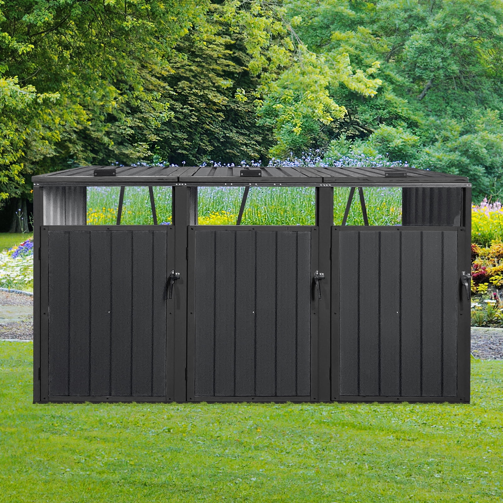 Royard Oaktree 3-Trash Can Metal Garbage Bin Shed - Outdoor Galvanized Steel Storage Shed with Lockable Lid & Ventilated Design for Garden, Yard, Pool Area, Black