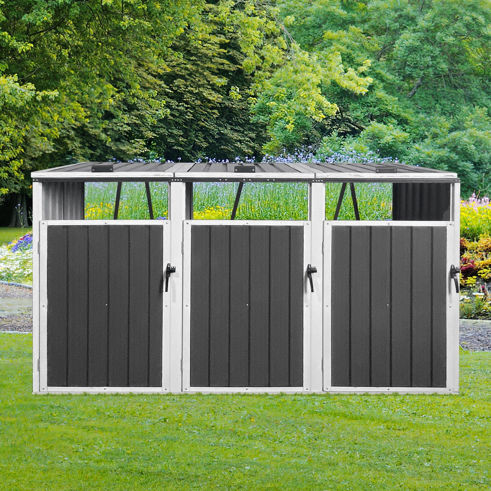 Royard Oaktree 3-Trash Can Metal Garbage Bin Shed - Outdoor Galvanized Steel Storage Shed with Lockable Lid & Ventilated Design for Garden, Yard, Pool Area, Grey