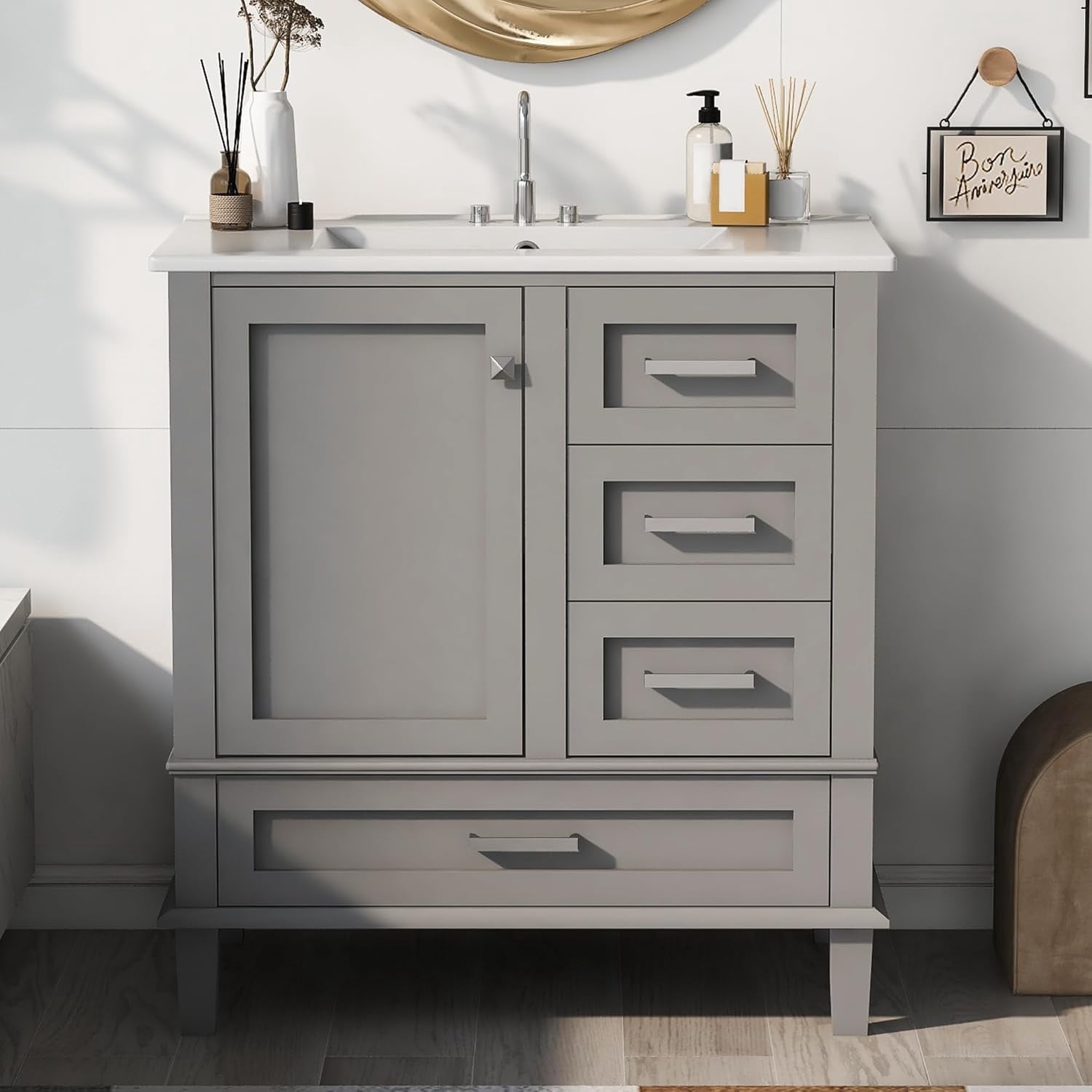 Royard Oaktree 30" Bathroom Vanity w/Resin Sink, Modern Bathroom Cabinet w/Soft Closing Door & 3 Drawers