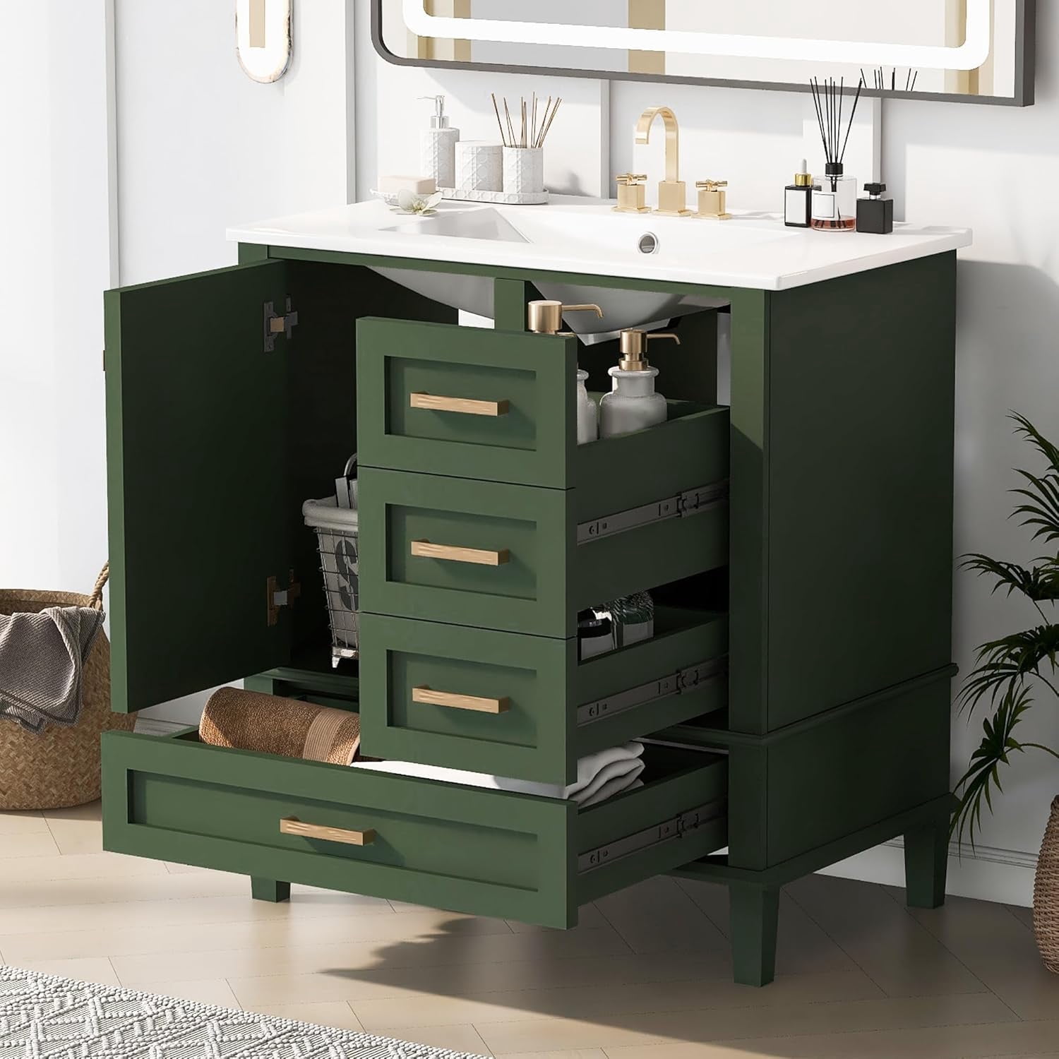 Royard Oaktree 30" Bathroom Vanity w/Resin Sink, Modern Bathroom Cabinet w/Soft Closing Door & 3 Drawers