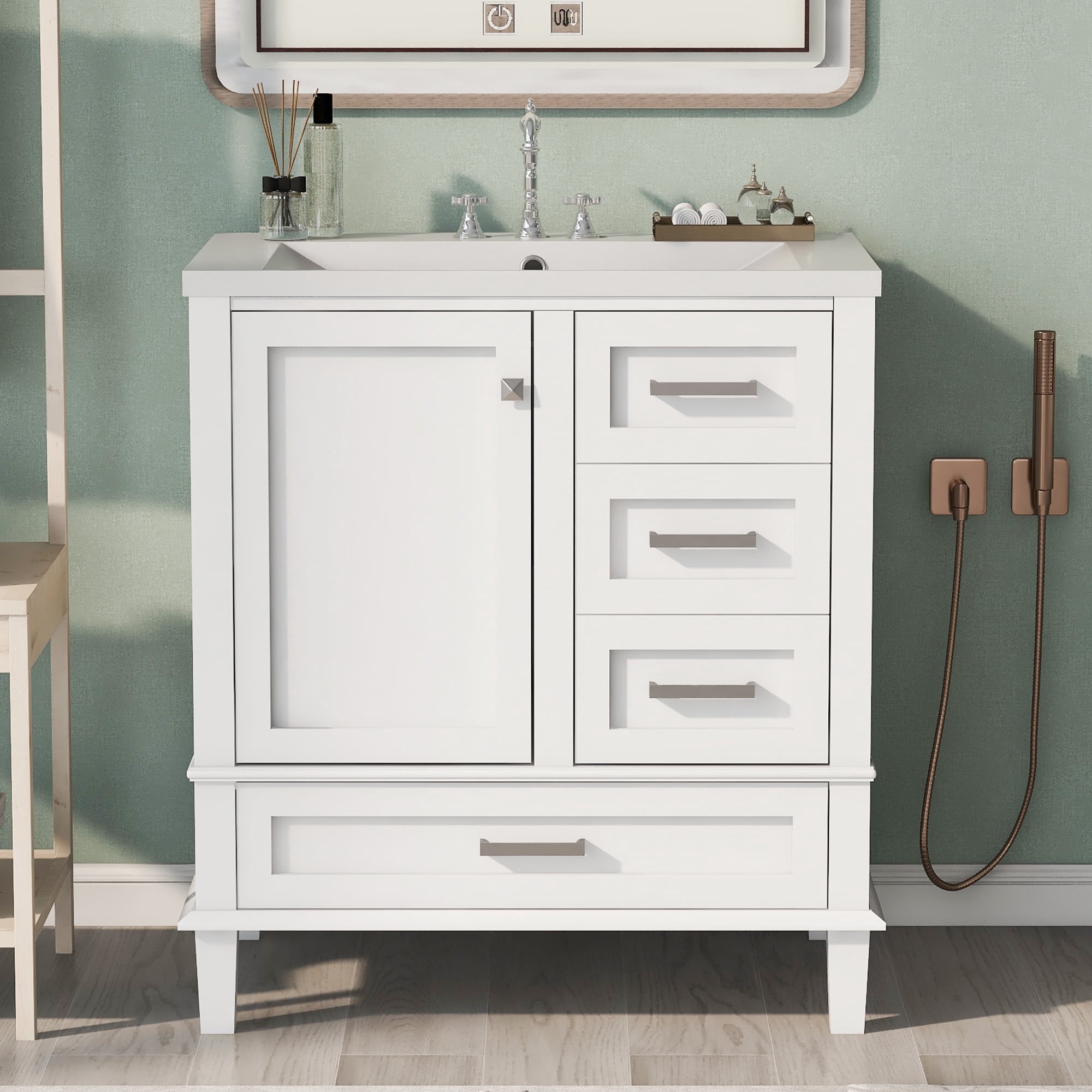 Royard Oaktree 30" Bathroom Vanity w/Resin Sink, Modern Bathroom Cabinet w/Soft Closing Door & 3 Drawers