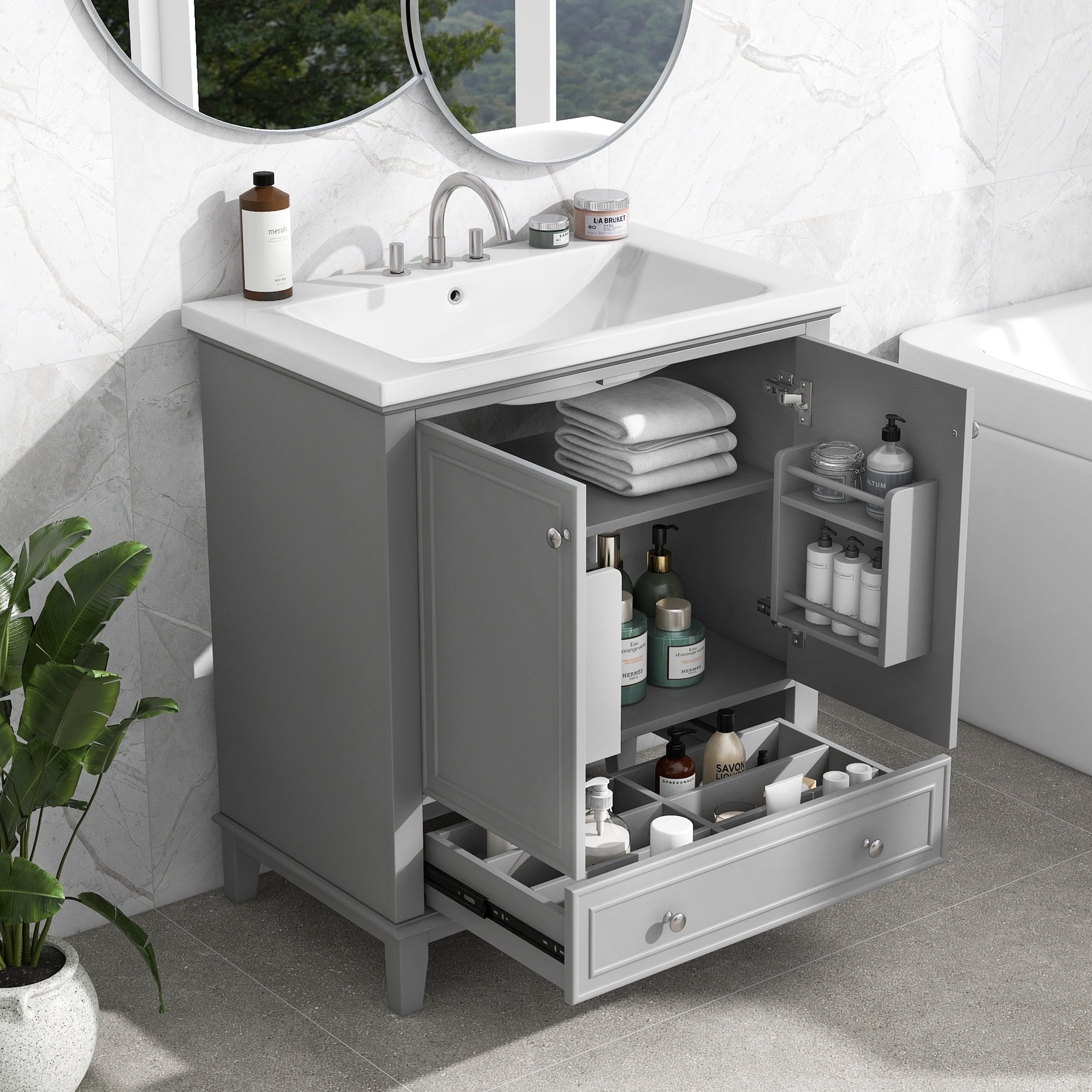 Gray Solid Wood and MDF 30" Bathroom Vanity with Ceramic Sink